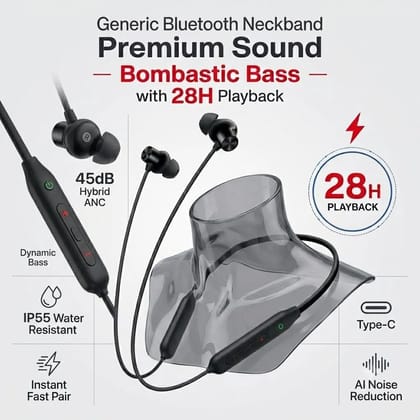 Wireless Bluetooth Neckband with 45dB Hybrid ANC, 28H Playtime & Magnetic Lock