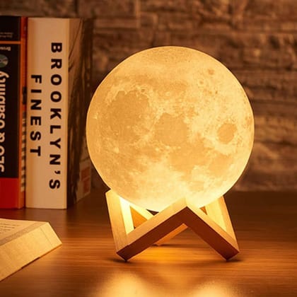 3D Moon Lamp 15cm with Wooden Stand | 7 Color Changing LED Touch Sensor Night Light | USB Rechargeable Moonlight Table Lamp for Bedroom, Kids, Home Dcor, and Festival Gifts