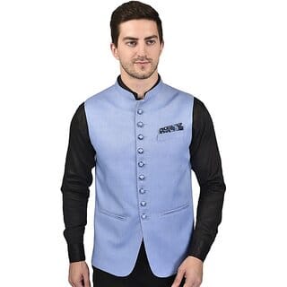 PrintCulture Men Solid Blue Cotton Blend Nehru Jacket