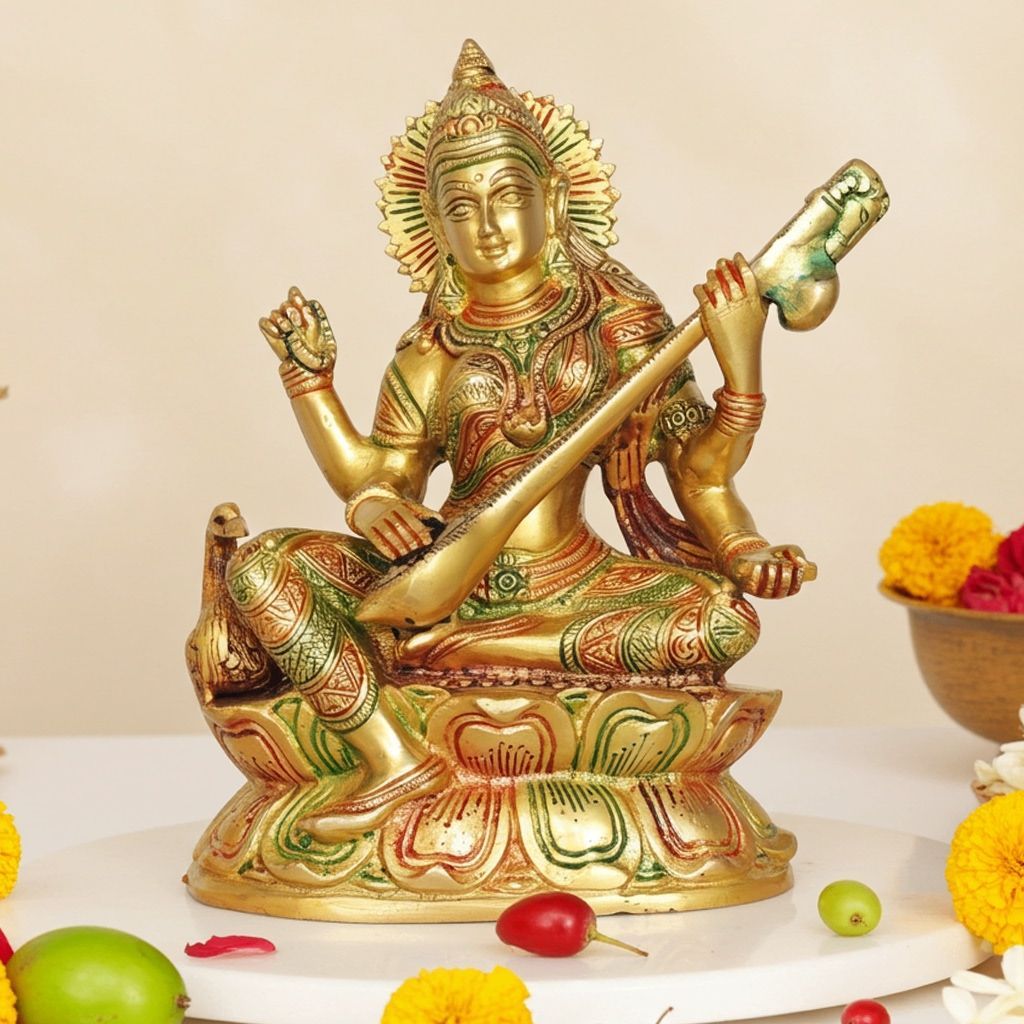 Brass Saraswati Ji God Idol - Handcrafted Decorative Murti, Height : 9 Inch (BSMAS1413 I)