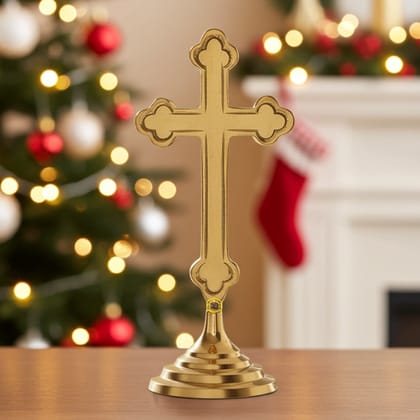 Brass Decorative Showpiece Christmas Cross � Handcrafted Religious Gift Item For Christians, Height : 7.8 Inch (FMAS486 B)