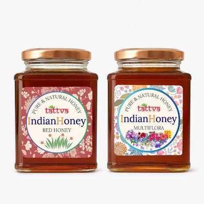 IndianHoney Himalayan Multiflora & Red Honey Combo (Pack of 2) | Pure & Natural | 1kg (500g Each) | Unprocessed & Unfiltered Natural Sweetener