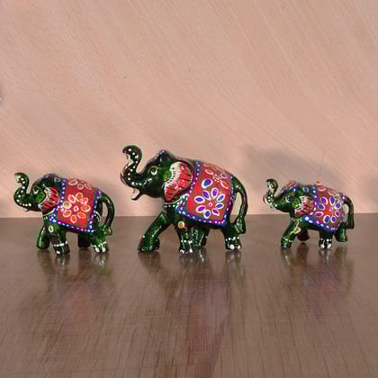 DreamKraft Handcrafted Special Paper Mache Elephant Showpiece ( Green, Standard - 9X6 cm, 7X5 cm, 6 X4 cm_ - Set of 3