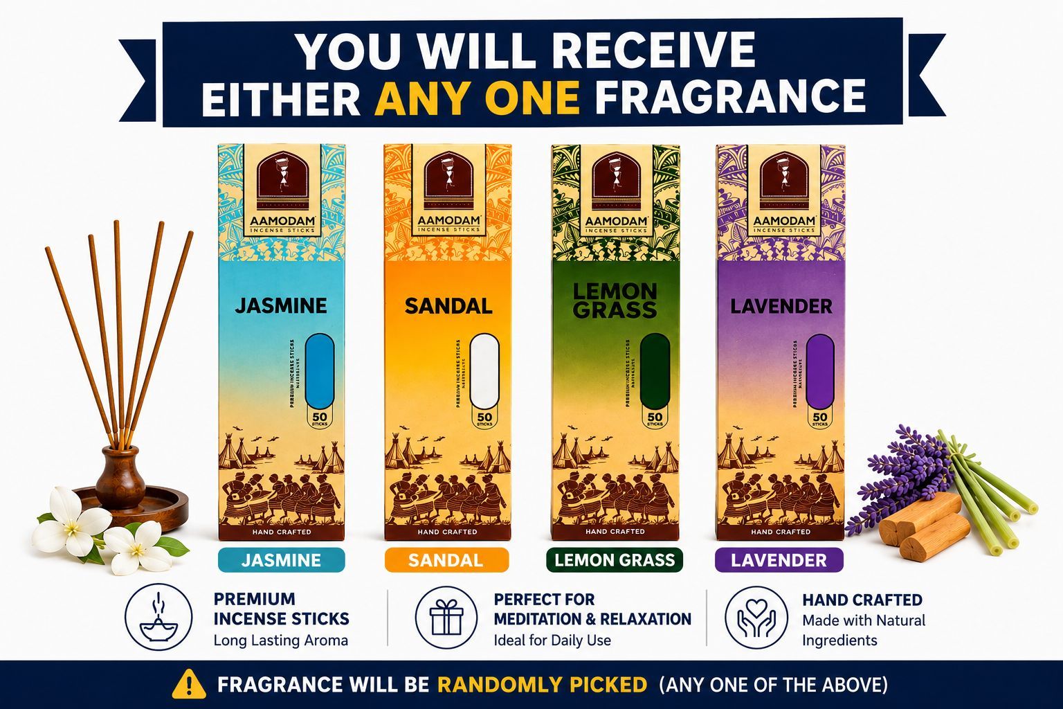AAMODAM Premium Incense Sticks – Assorted Fragrances  (Anyone out of 4)