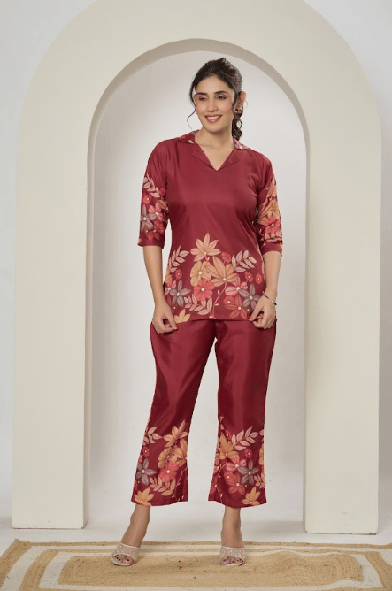 Floral printed cotton blend co-ord set with button-down top and matching trousers.