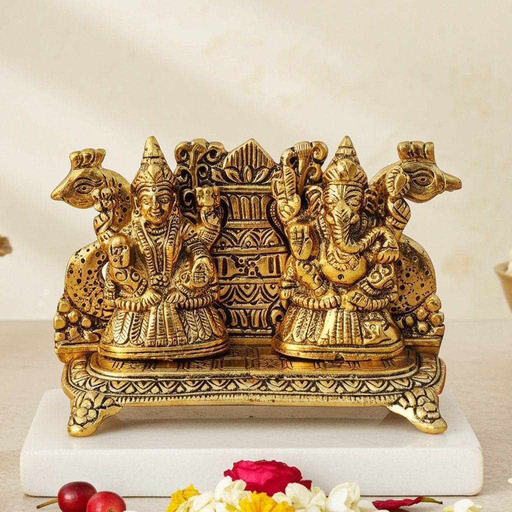 Aluminium Peacock Laxmi Ganesh Statue | Premium Religious Showpiece, Height : 4 Inch (ASMAS436 G)