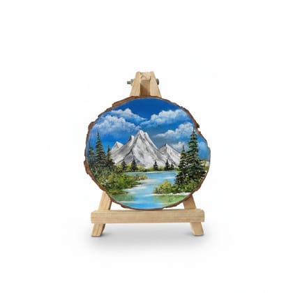 Hand-Painted Mountain Landscape Wood Slice Art with Easel