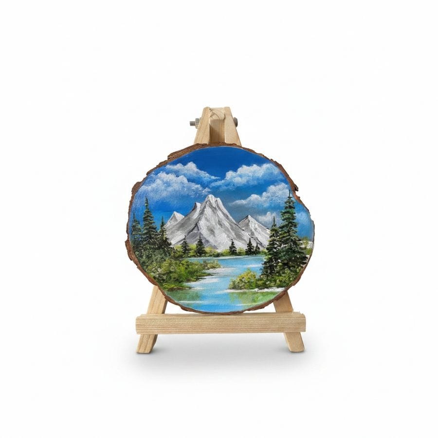 Hand-Painted Mountain Landscape Wood Slice Art with Easel