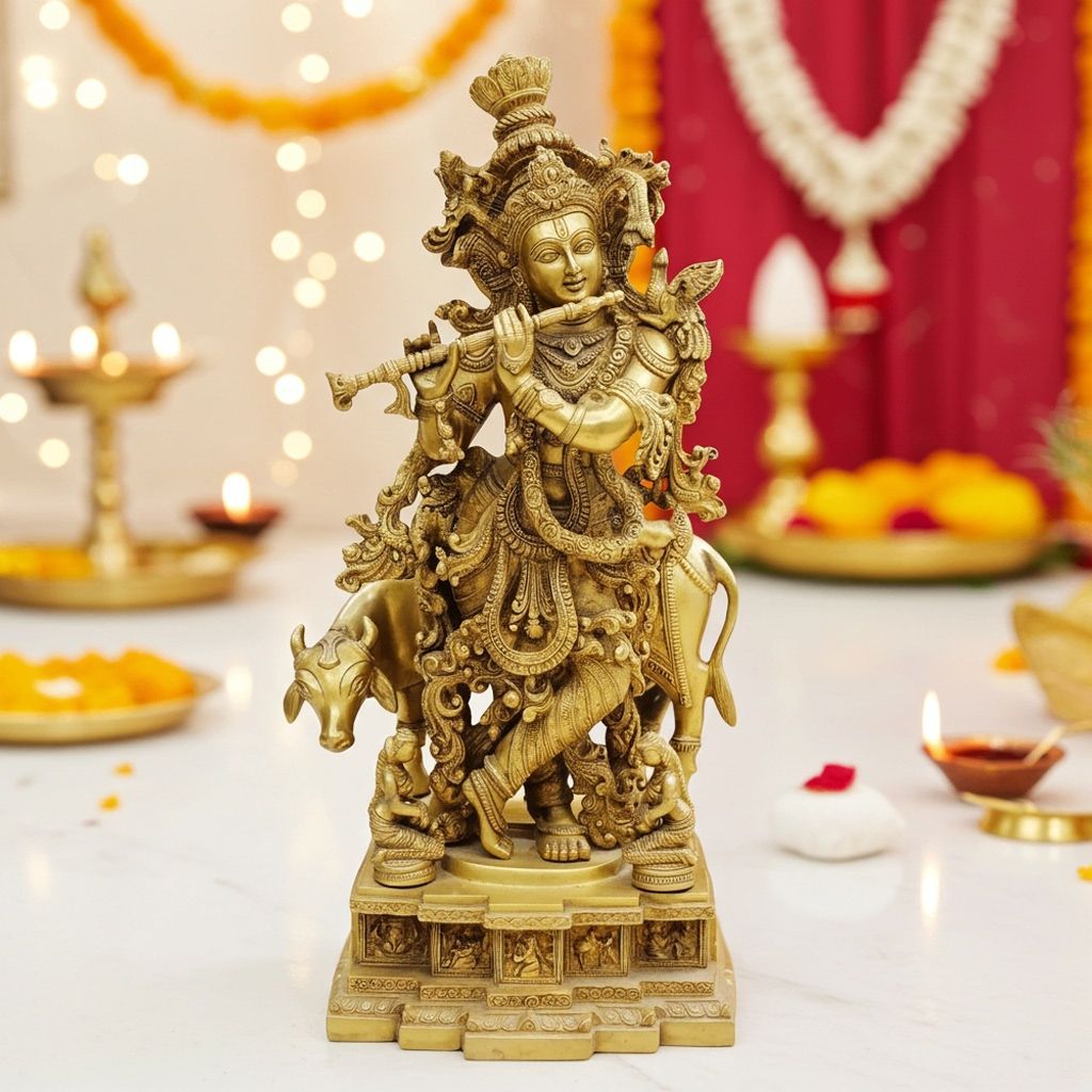 Brass Showpiece Cow With Krishna God Idol Statue (BSMAS300)