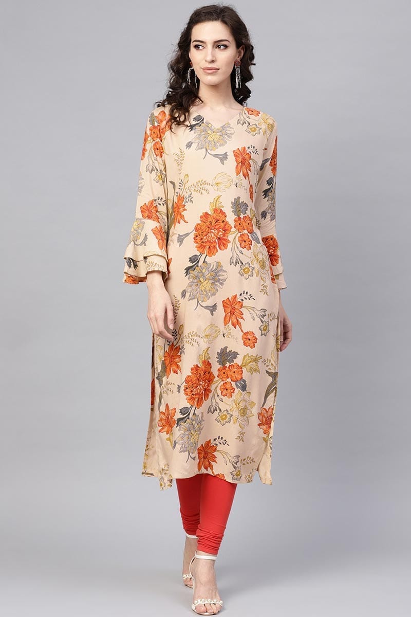 Occasion Wear Cotton Fabric Printed Stylish Chikoo Color Kurti VCK1174