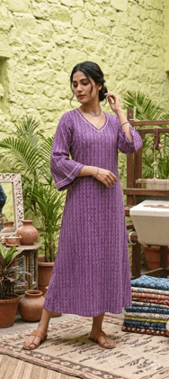 Bivabari Cotton Printed V-Neck A-Line Dress | Purple | XL | Soft Breathable Cotton, Flared Sleeves | Ethnic Casual