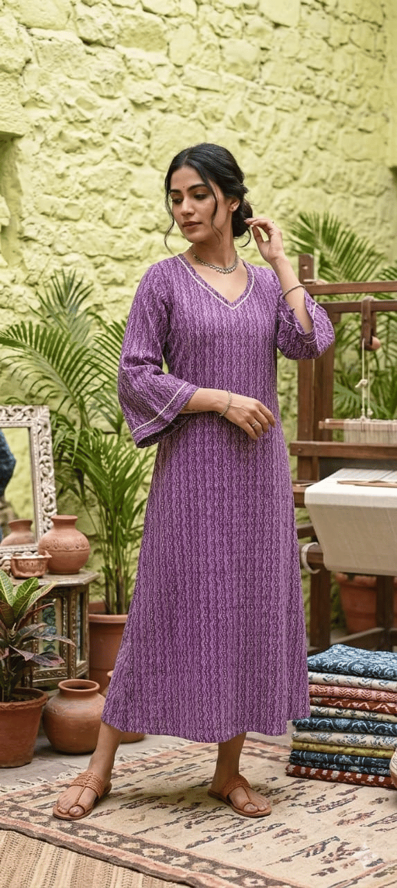Bivabari Cotton Printed V-Neck A-Line Dress | Purple | XL | Soft Breathable Cotton, Flared Sleeves | Ethnic Casual