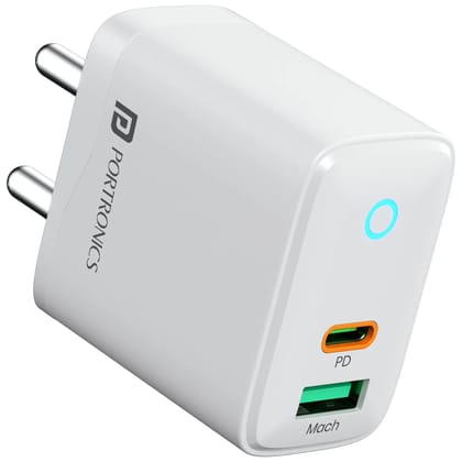 Portronics Adapto 35B 35W Dual Port Fast Charger | USB Type-C PD + USB-A Wall Adapter with PPS Technology | 18W USB Output, LED Indicator | Fast Charging for iPhone, Samsung Galaxy, OnePlus, iPad & Android Devices (Random Color)
