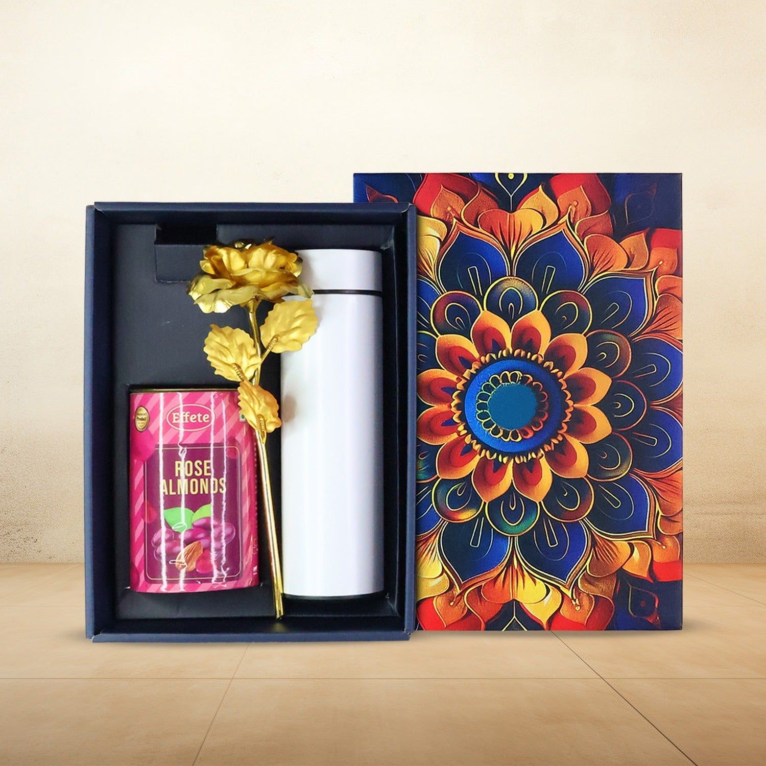 Effete Rose Almonds Gift Hamper, Golden Rose With Bottle (3 Pc Set)