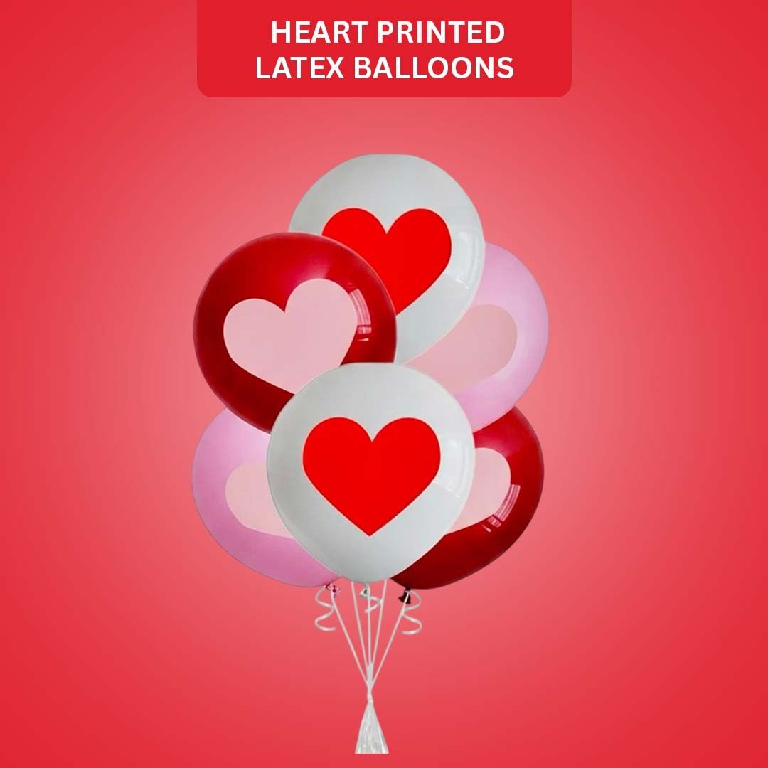Red White Pink Heart Printed Latex Balloons 12" - Pack of 6
