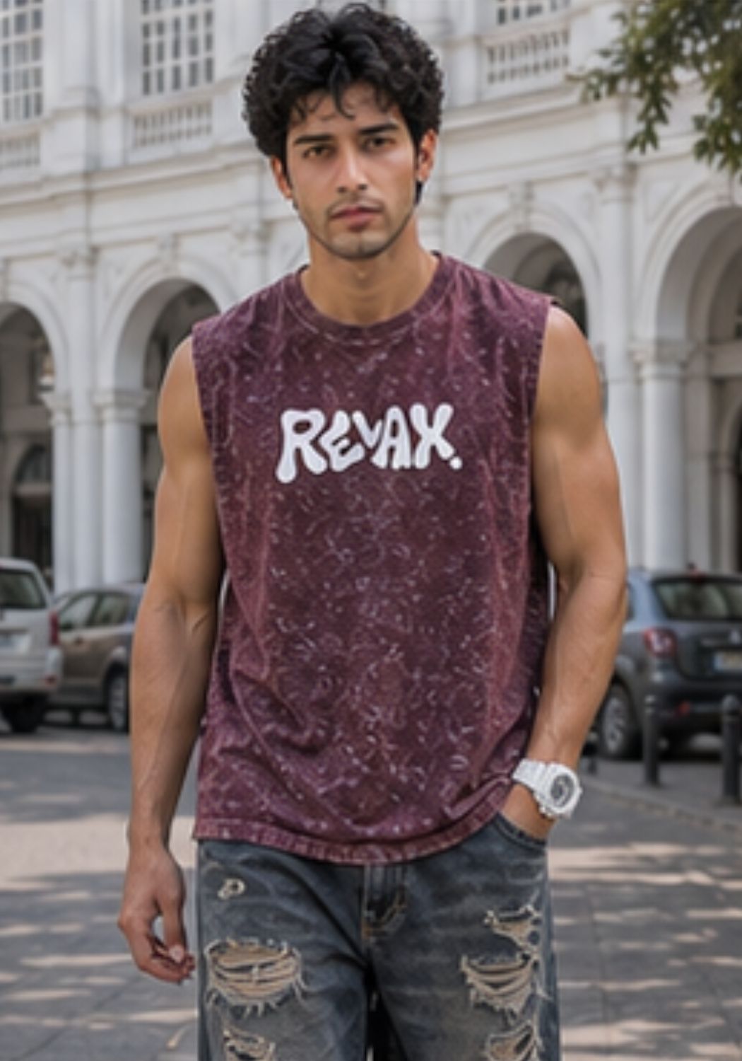 Hue Nox Men's Maroon Relax Graphic Oversized Vest Tank