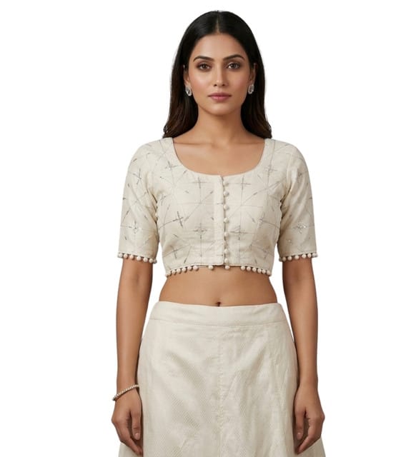 Women's Cotton Printed Half Sleeve Round Neck Padded Readymade Blouse (Cream, Size 38 - Self-Alterable 36–40)