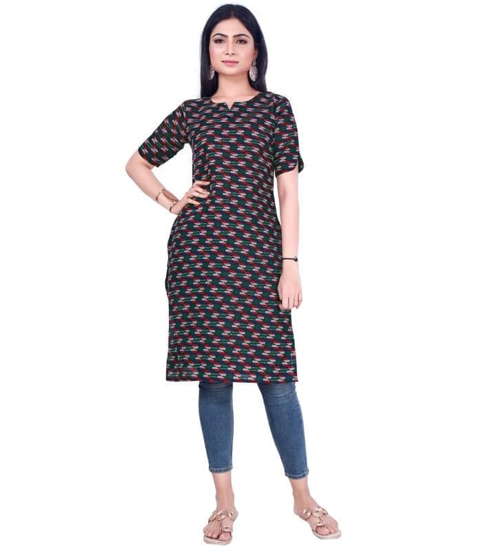 Women's Casual 3/4th Sleeve Printed Cotton Kurti (Green, L)-PID46161