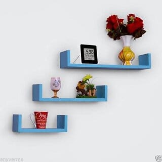 Onlinecraft Wooden Wall Shelf Wooden Wall Shelf (Number Of Shelves - 3, Blue)