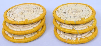 Handwoven Bamboo Tea Coaster Set of 6 – Spiral Weave Round Mats with Yellow Rim Handwoven Bamboo Tea Coaster Set of 6 – Spiral Weave Round Mats with Yellow Rim