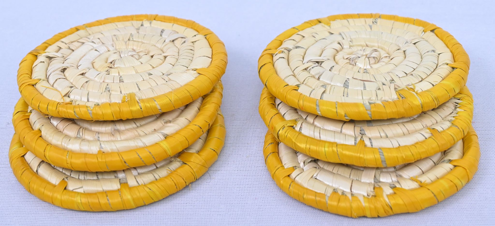 Handwoven Bamboo Tea Coaster Set of 6 – Spiral Weave Round Mats with Yellow Rim