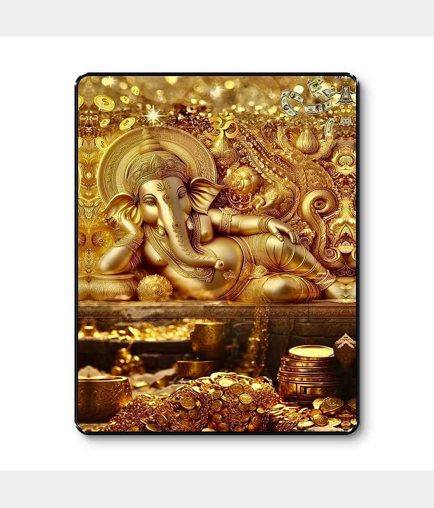 Livin'luxe Golden Ganesh Treasure Wealth Wall Art Black Frame Sparkle Lamination Pooja Home Decor Painting