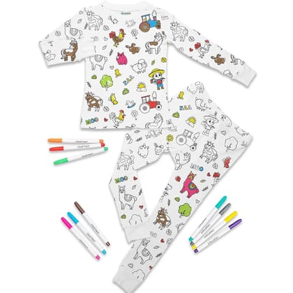Arni Arts Magic Coloring Pajama Set Top and Bottom with Farm Animals Print and 12 Washable Markers for Kids Age 8 to 9 Years