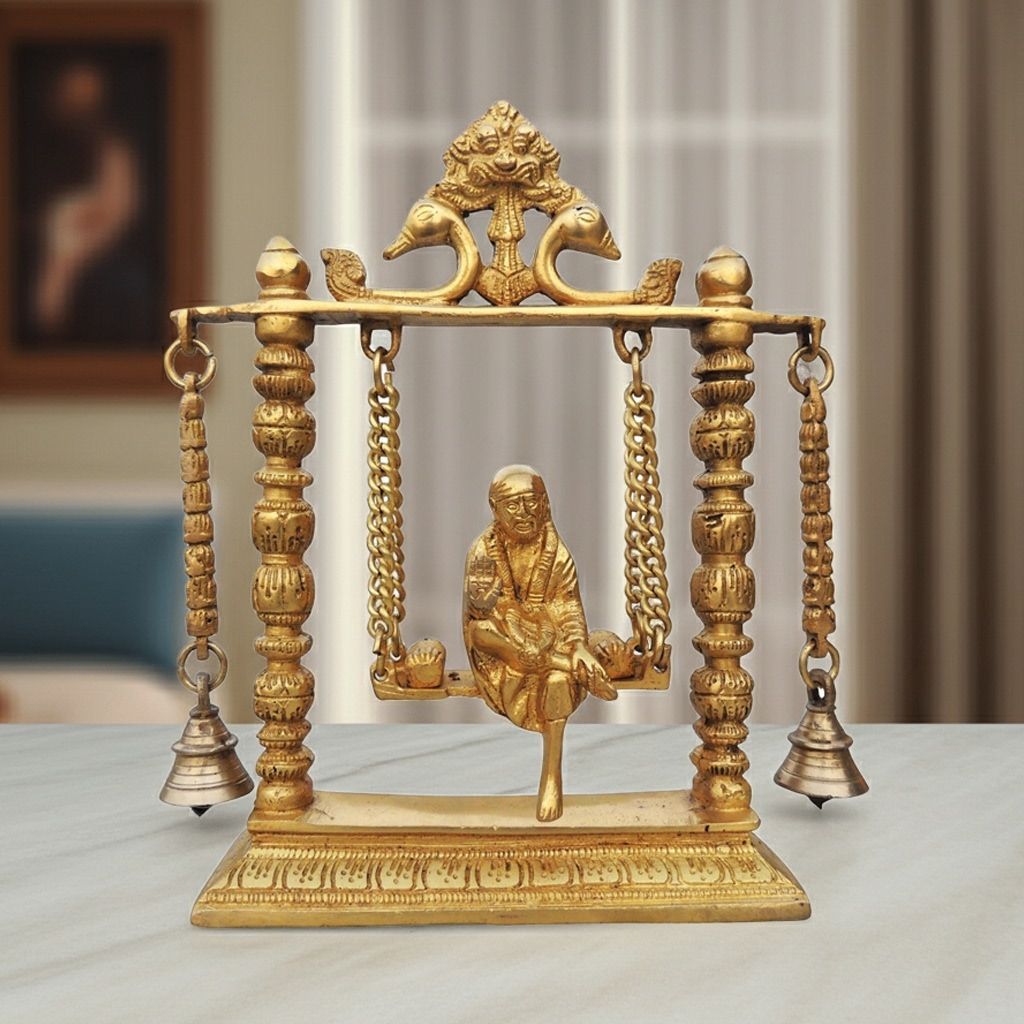 Brass Sai Baba Jhula Idol – Sai Baba Swing Brass Home Mandir Decor, Height : 10 Inch (BSMAS1288 B)