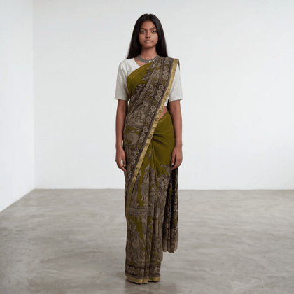 Pedana Kalamkari Mulmul Cotton Saree in Mehendi Green with Blouse Pedana Kalamkari Mulmul Cotton Saree in Mehendi Green with Blouse