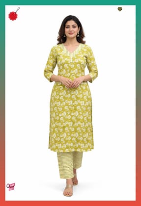 Women Mustard Floral Printed Kurti with Pant | Cotton Blend Ethnic Set | 3/4 Sleeve Daily Wear Kurta Set Women Mustard Floral Printed Kurti with Pant | Cotton Blend Ethnic Set | 3/4 Sleeve Daily Wear Kurta Set
