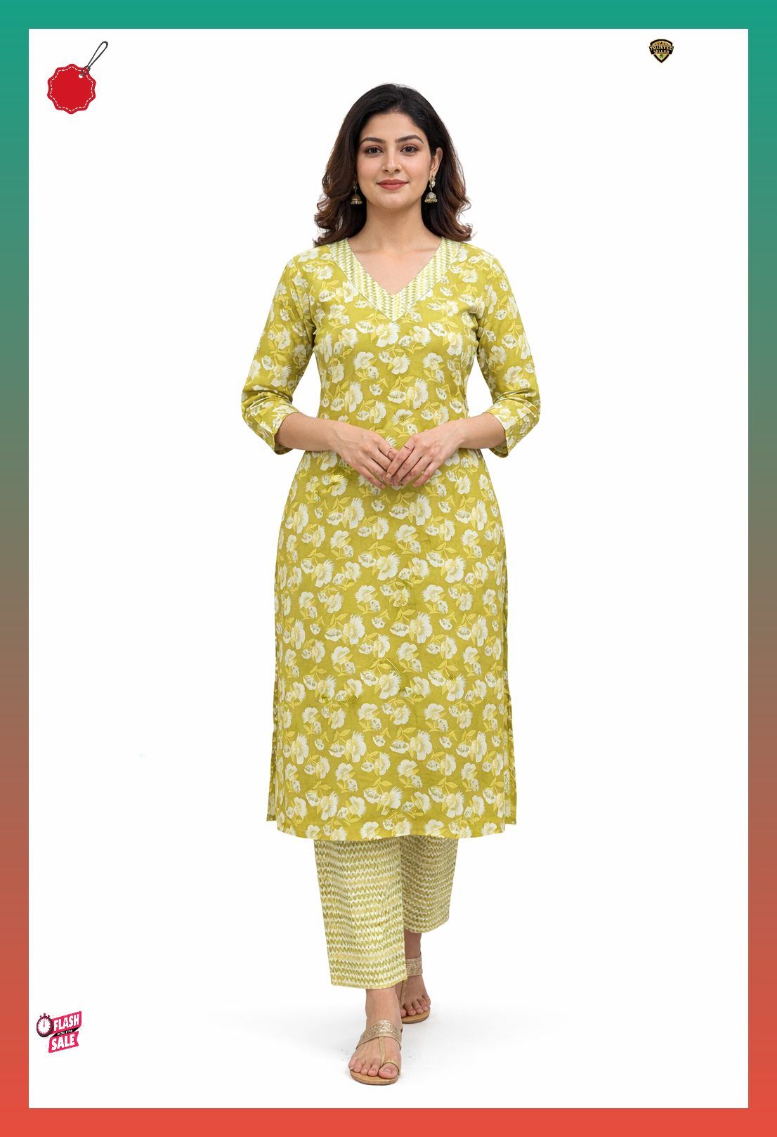 Women Mustard Floral Printed Kurti with Pant | Cotton Blend Ethnic Set | 3/4 Sleeve Daily Wear Kurta Set