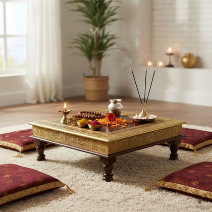 Wonderful Wooden Brass Table | Brown Natural Indian Side Chowki Table