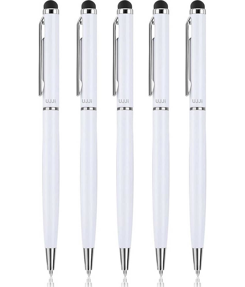 UJJi Sleek Design White Color Body Pen with Stylus for Touch Screen Pack of 5 Ball Pen