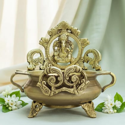 Sukh Sehaj Shree Ganesha Brass Urli | Brass Urli | Decor Vessel | Handcrafted, Antique Yellow Finish, 7.5 Inch, for Home Temple, Decor, Pooja Ritual and Gifting