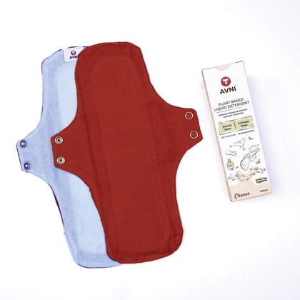 Avni Lush Certified 100% Organic Cotton Washable Cloth Pads, Pack of 2 + Avni Stain Removing Liquid Detergent - 100ml (Combo Pack of 3)