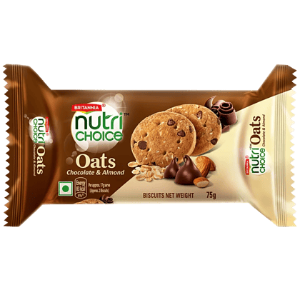 Britannia Nutrichoice Oats Cookies - Chocolate & Almonds, Fibre Rich, Healthy Snack, 75 G