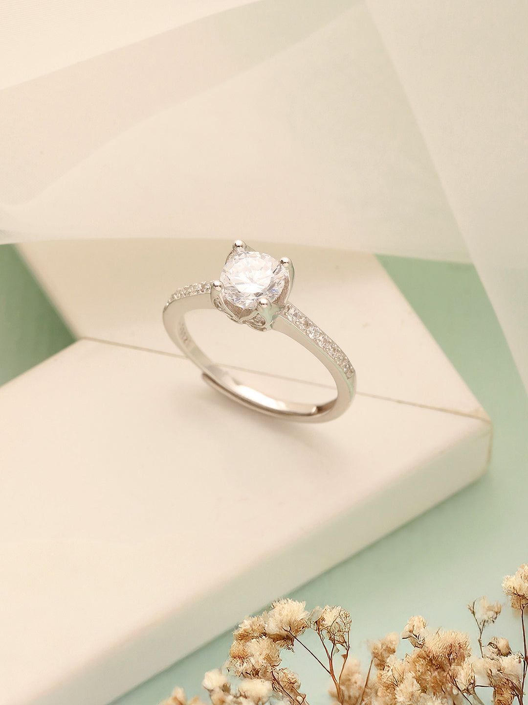 925 Sterling Silver Rhodiu Plated Zircon Studded Solitaire Engagement Adustable Finger Rings