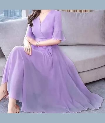 RAABTA FASHIION Women Georgette Solid Fit & Flare Dress ( Lavender )
