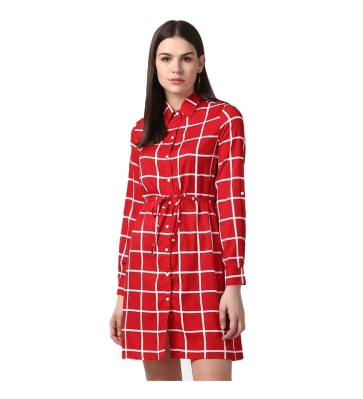 Women's Polyester Checkered Long Sleeves Above Knee Dress (Red, XL)-PID55768