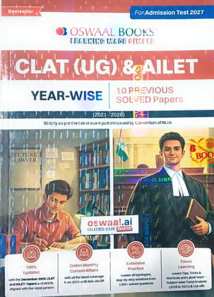 Oswaal CLAT (UG) & AILET| Year-wise| 10 Previous Solved Papers| CLAT (UG) (2021-2025) & AILET (2021-2025)| For 2026 Admission Test -2025 editons