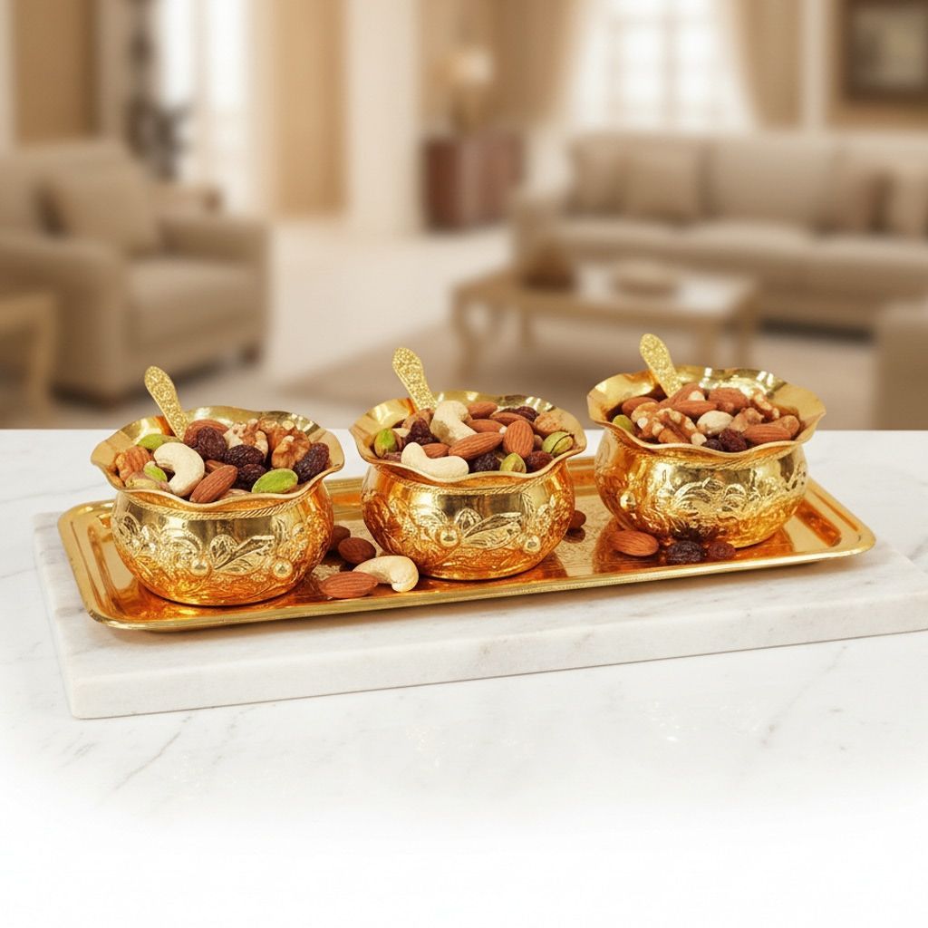 Brass Decorative 3 Piece Bowl Set With Tray | Velvet Box Handcrafted Gift Hamper, Height : 0.5 Inch (BMAS292 G)
