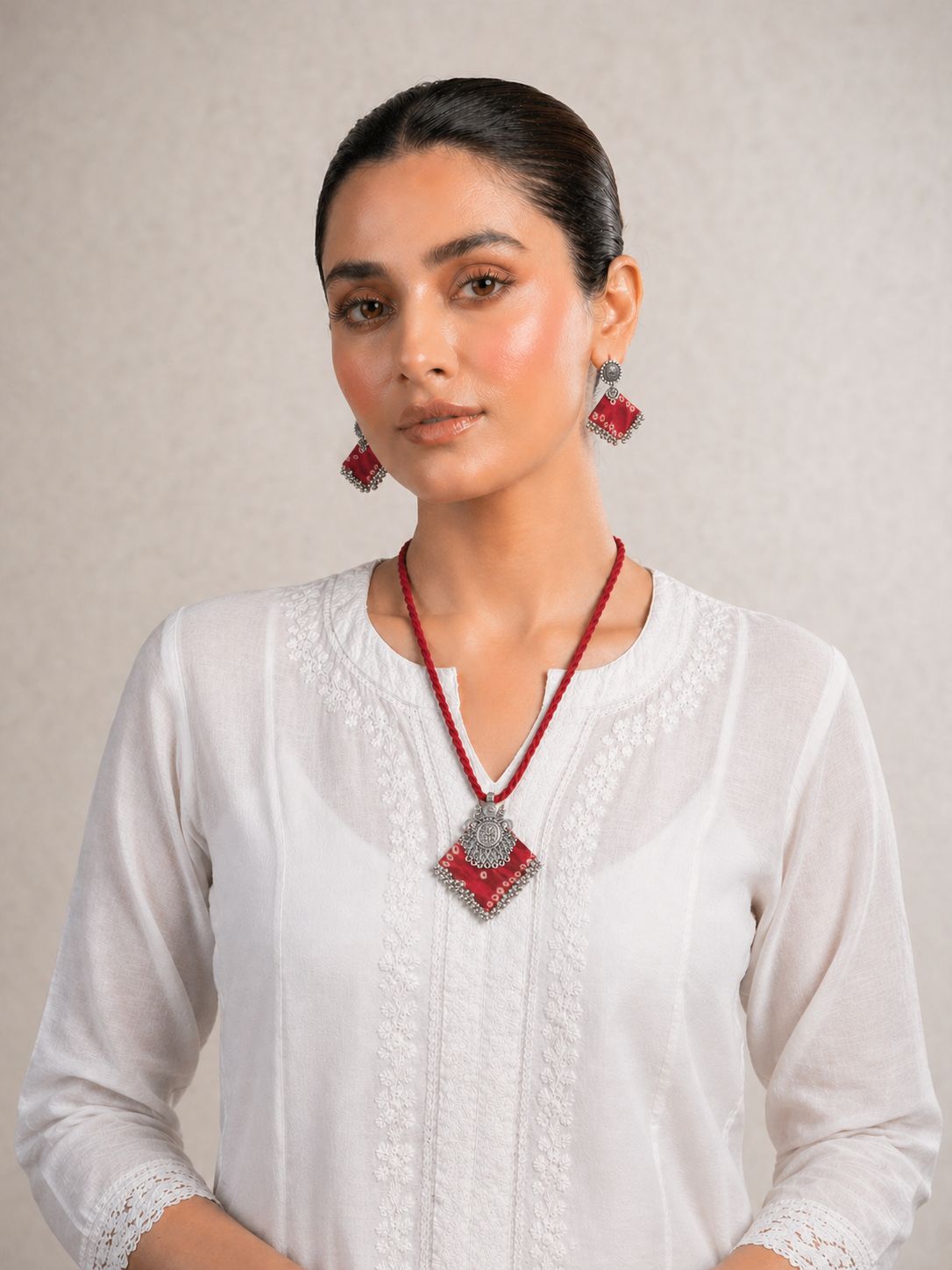 Red Silver Fabric Jhumka Jewellery Set