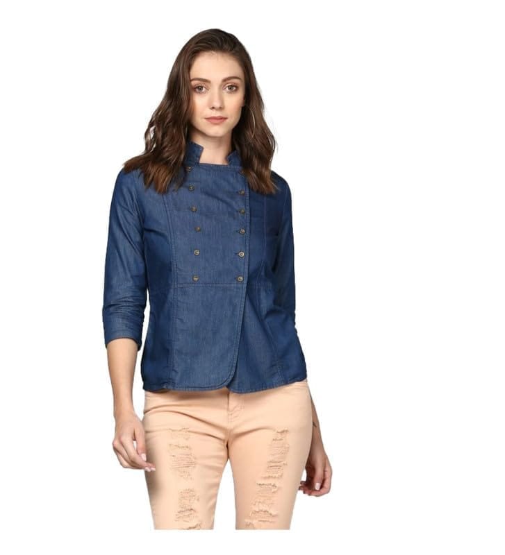 Women's Denim Solid 3-4th Sleeves Top (Blue, S)-PID55891