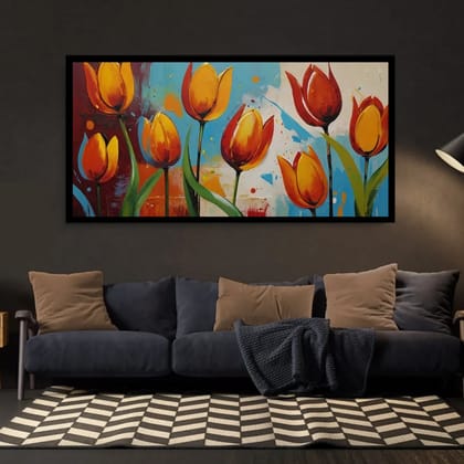 Luminary Tulip Festival – Joyful Spring Harmony Museum-Quality Cotton Canvas Art for Vibrant Living Room Décor | Frame Size (127 X 69 Cm) | Frame Type (Black) | 5-Year Warranty