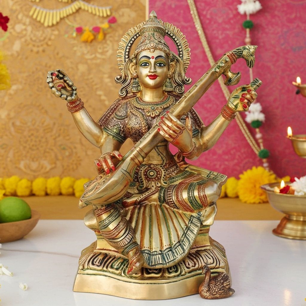 Brass Saraswati Ji Statue - Premium Home Temple Showpiece, Height : 17.5 Inch (BSMAS944 E)