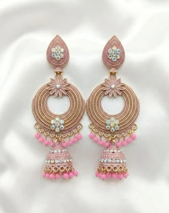 Vardaan Crystalx Women's earing Elegant pink chandelier jhumkas with floral polki and bead tasselsperfect festive sparkle! Perfect for every women for every moment.