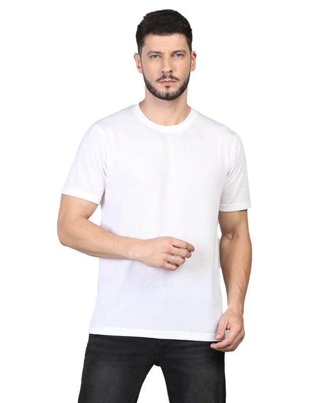 Men's Casual Half Sleeve Solid Cotton Blended Round Neck T-Shirt (White, S)-PID47118
