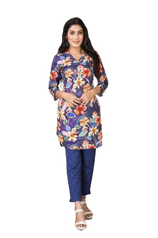 Women's Casual 3/4 Sleeve Viscose Rayon Printed Kurti (Blue, M)-PID46416