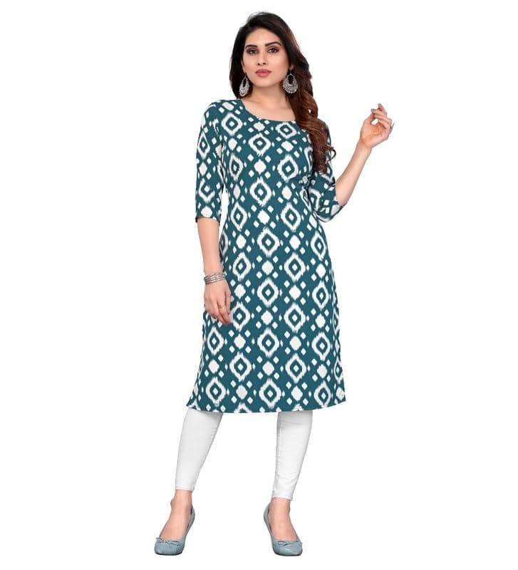Women's Casual 3/4th Sleeve Printed Crepe Kurti (Green, S)-PID46176