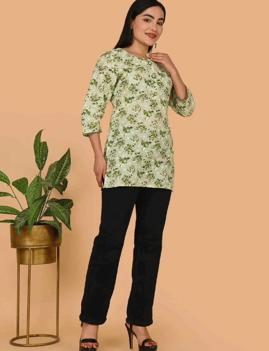 Sufiana Green Floral Print Short Kurti - Womens Cotton Fashion